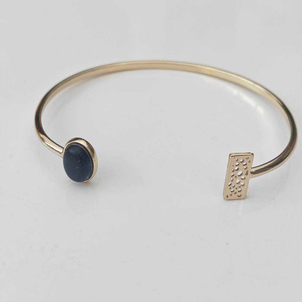 Gold Tone Open Cuff Bangle Bracelet Black Glitter Stone Geometric Perforated Bar